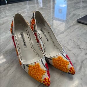 Manolo Blahnik White Heels with Red, Yellow, and Orange Floral Design